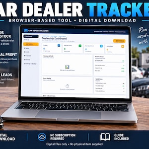 May include: A laptop displaying the Car Dealer Tracker browser-based software dashboard. The screen shows metrics for stock, sales, and revenue. Text overlays highlight features like managing stock, tracking leads, and calculating real profit for car dealers.