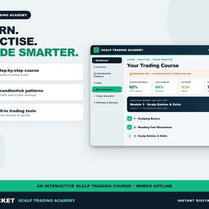 May include: A digital interface for Scalp Trading Academy featuring the text Learn. Practise. Trade Smarter. The dashboard displays course progress, a risk calculator, and modules including Scalp Basics, Reading Fast Momentum, and Scalp Entries & Exits.