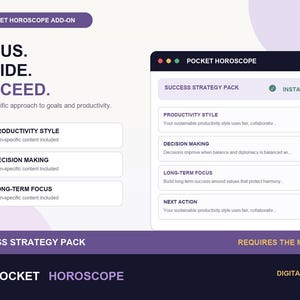 May include: A digital interface for the Pocket Horoscope add-on featuring the text Focus. Decide. Succeed. and a Success Strategy Pack window. The display includes sections for Productivity Style, Decision Making, and Long-term Focus with a dark purple and white color scheme.