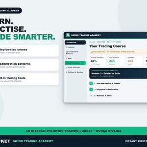Aplicativo de curso de Swing Trading, Guia interativo de padrões de velas, Quiz de aulas de trading, Calculadora de risco + Checklist, Download digital offline