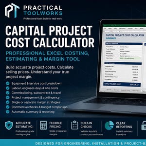 May include: A laptop displaying the Capital Project Cost Calculator Microsoft Excel tool. The screen shows a project summary, cost breakdown pie chart, and commercial summary with financial data. Text includes Practical Toolworks branding.