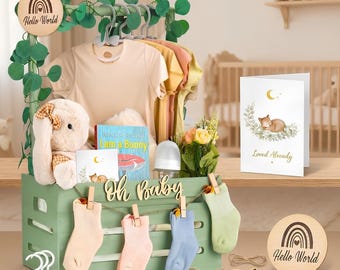 Baby Wooden Shower Crate Closet Basket with Hangers, Nursery Storage Box Clothes Organizer Baby Pregnancy New Mum Girls Boys Hampers Gifts