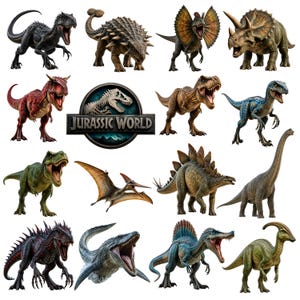 Op de afbeelding: Een verzameling van diverse dinosaurusfiguren waaronder een zwarte Indominus Rex, een gepantserde Ankylosaurus, een Dilophosaurus, een Triceratops, een rode Carnotaurus, een T-Rex, een blauwe Velociraptor, een Pteranodon, een Stegosaurus, een Brachiosaurus en een Mosasaurus.