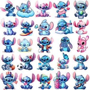 Pode incluir: Uma coleção de vinte e cinco adesivos individuais apresentando o personagem alienígena azul Stitch e o personagem rosa Angel em várias poses, incluindo com traje de astronauta, segurando um microfone, praticando esportes e com itens de bebê.