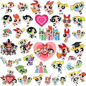 Puede incluir: Una colección de ilustraciones digitales que presentan a los personajes de las Chicas Superpoderosas, Bombón, Burbuja y Bellota, en varias poses, atuendos y actividades, incluyendo volar, animar y usar disfraces, sobre un fondo blanco.