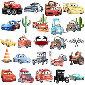 Peut inclure: Une collection d'illustrations de style aquarelle représentant divers véhicules anthropomorphes, dont des voitures de course rouges, une voiture de course jaune, une voiture de sport bleue, une dépanneuse rouillée, un camion de pompiers et un tracteur.