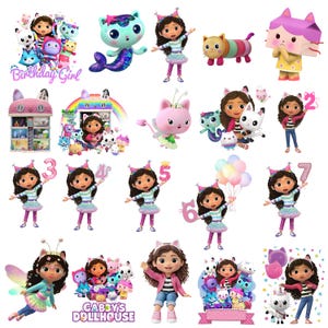 Könnte beinhalten: Eine Sammlung von Gabby's Dollhouse Charakter-Illustrationen mit Gabby, Pandy, MerCat, Cakey und anderen katzenartigen Figuren. Die Bilder enthalten geburtstagsbezogene Grafiken mit den Zahlen zwei bis sieben sowie den Schriftzug Birthday Girl.