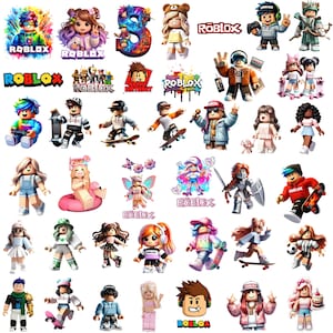 Könnte beinhalten: Eine Sammlung von Roblox-Aufklebern mit verschiedenen blockartigen Charakter-Avataren, Logos und Symbolen. Die Designs zeigen Figuren mit Skateboards, Gamecontrollern und farbenfrohen Outfits sowie das Roblox-Logo und verschiedene Geburtstagsgrafiken.