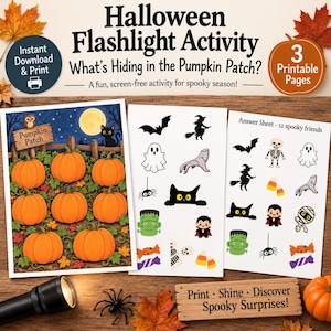 Op de afbeelding: Een Halloween zaklamp activiteiten set met drie printbare pagina's. Eén pagina toont een pompoenveld illustratie met volle maan, uil en kat. Andere pagina's tonen silhouetten en gekleurde iconen van geesten, vleermuizen, heksen en monsters.
