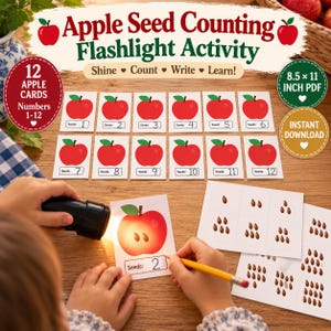 Puede incluir: Un conjunto de actividad de conteo de semillas de manzana con 12 tarjetas numeradas del 1 al 12, un PDF de 8.5 x 11 pulgadas y hojas con ilustraciones de semillas. La actividad utiliza una linterna para revelar semillas en las tarjetas.