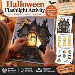Könnte beinhalten: Ein Halloween-Taschenlampen-Aktivitätsset mit einem gedruckten Spukhaus, Fenster-Overlays und versteckten Charakter-Ausschnitten. Das Set enthält Textanweisungen zum Drucken, Zusammenbauen und Entdecken der Figuren.