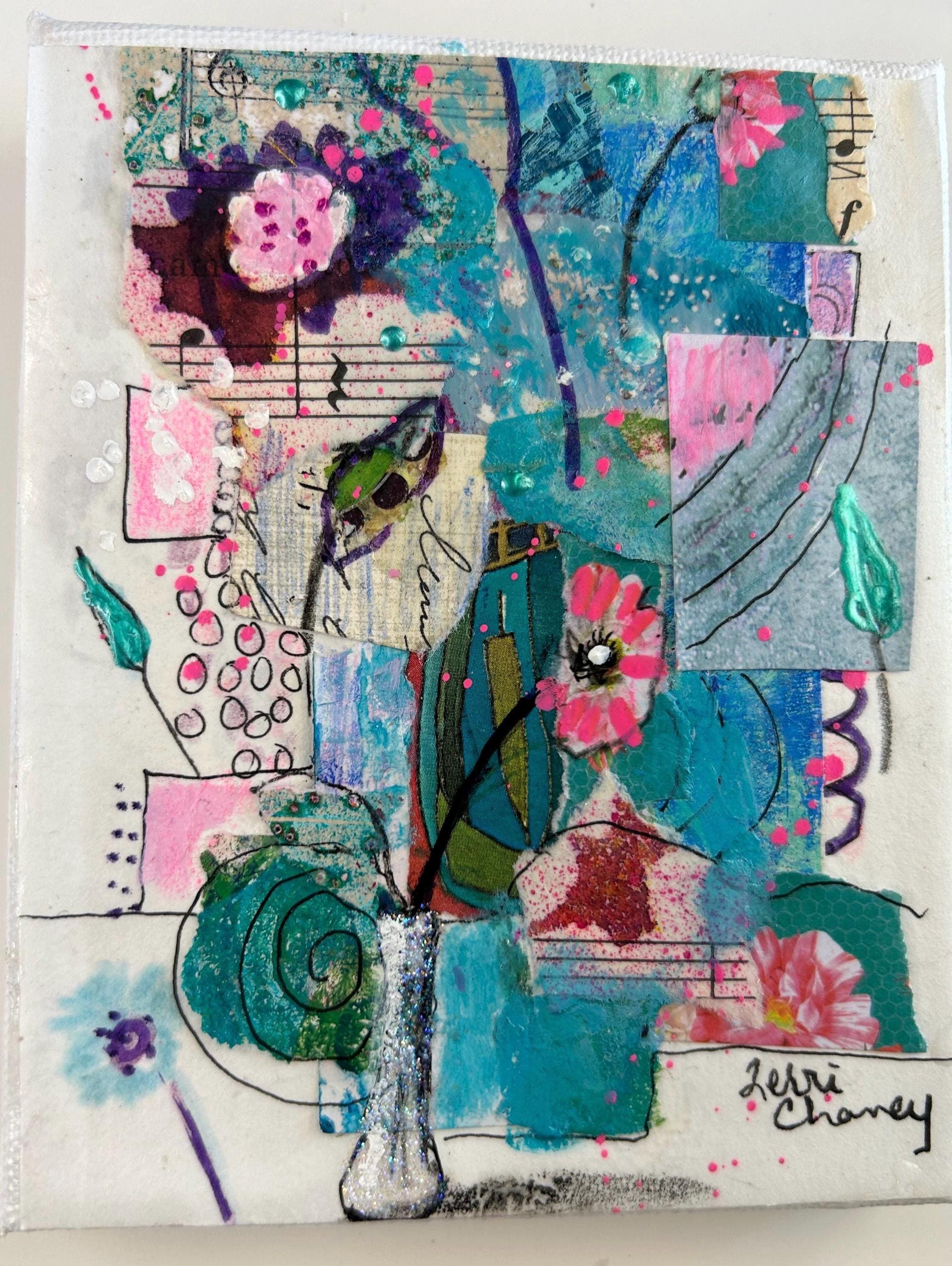 Mini floral collage art on 4x5 canvas with easel