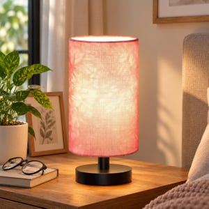 Small Pink Table Lamp, Black Base Bedside Lamp, 3000K Warm Light, Linen Shade Lamp, Mini Nightstand Lamp, E26 Socket, Kids Room Decor