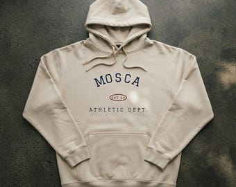 MOSCA Athletic Dept. Hoodie | Vintage Collegiate Logo, White Pullover