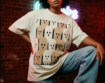 Retro Ghost Pattern Shirt, Neutral Halloween Tee, Boho Ghost Graphic Shirt, Cream