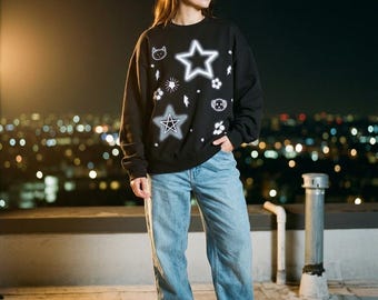 Grunge Doodle Sweatshirt, Y2K Star Sketch Crewneck, Aesthetic Doodle Art Sweater, Alt Clothing, Hand Drawn Star Grunge Sweatshirt
