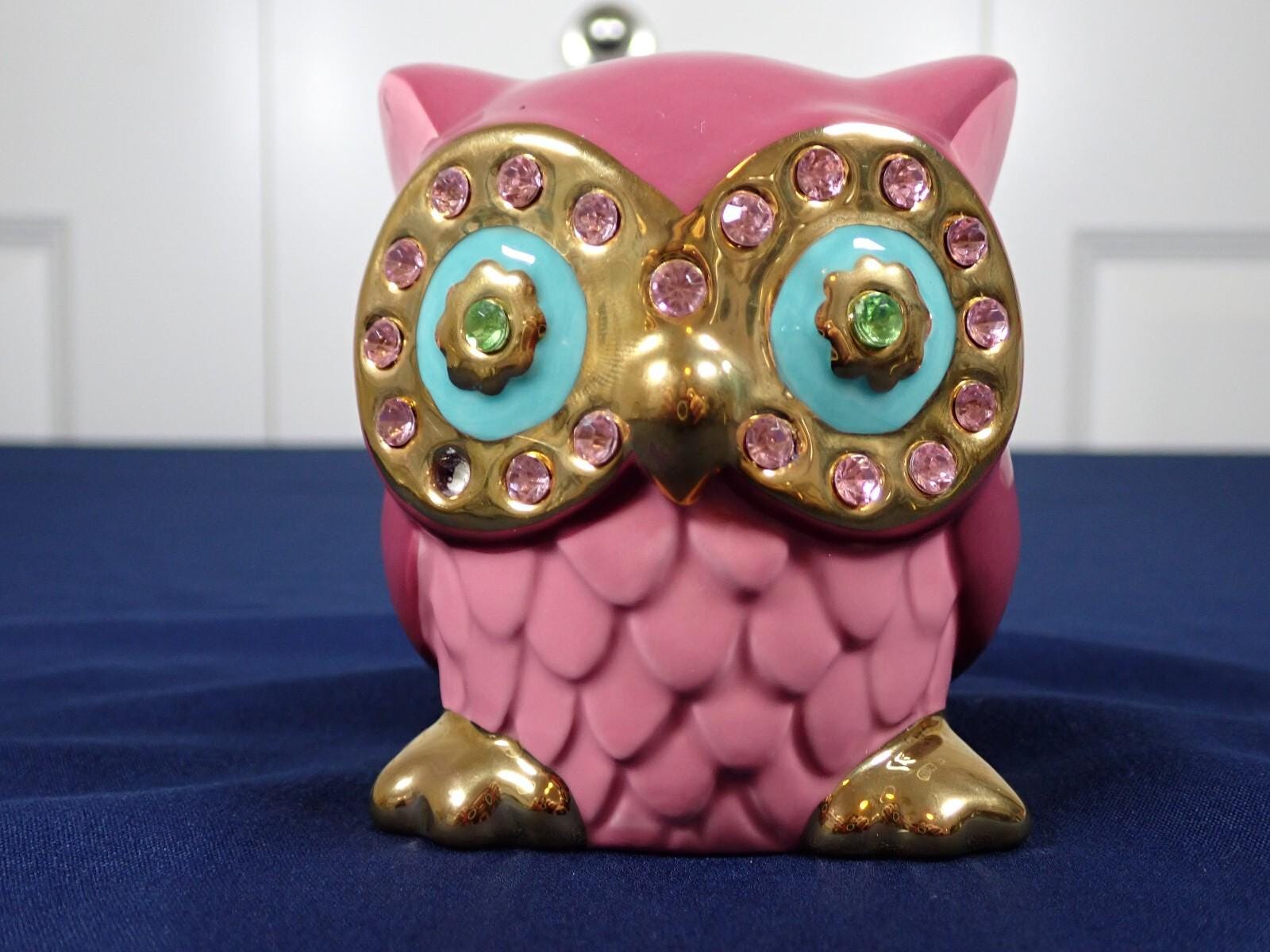Betsey Johnson Pink Owl Bank &ndash; Rhinestone Eyes &ndash; Ceramic &ndash; 3.5 inches