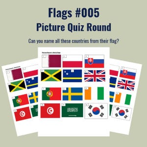 Pode incluir: Uma folha de quiz imprimível intitulada Flags #005 Picture Quiz Round com doze bandeiras mundiais numeradas, incluindo as do Qatar, Polónia, Eslováquia, Jamaica, Curaçao, Reino Unido, Portugal, Suécia, Irlanda, Tunísia, Arábia Saudita e Coreia do Sul.