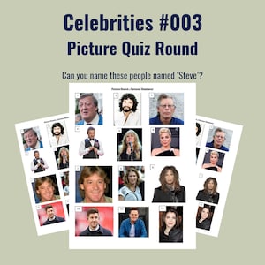 Pode incluir: Uma folha de quiz impressa intitulada Celebrities #003 Picture Quiz Round com a pergunta Can you name these people named Steve? A página exibe doze retratos numerados de várias pessoas dispostos em uma grade para um jogo de trivia.