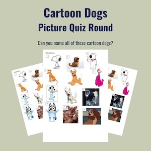 Pode incluir: Uma folha de quiz imprimível intitulada Cartoon Dogs Picture Quiz Round com a pergunta Can you name all of these cartoon dogs? A página apresenta doze caixas numeradas contendo várias ilustrações e fotos de cães de desenhos animados.