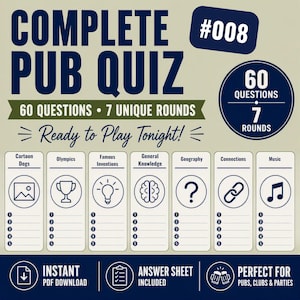Puede incluir: Una hoja de juego de pub quiz titulada COMPLETE PUB QUIZ #008, que presenta 60 preguntas en 7 rondas que incluyen Cartoon Dogs, Olympics, Famous Inventions, General Knowledge, Geography, Connections y Music, con hoja de respuestas.