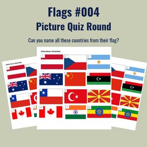 Pode incluir: Uma folha de quiz imprimível intitulada Flags #004 Picture Quiz Round, com o texto Can you name all these countries from their flag? O documento exibe uma grade de doze bandeiras mundiais retangulares numeradas em várias cores e designs.