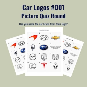 May include: A printable quiz sheet titled Car Logos #001 Picture Quiz Round with the text Can you name the car brand from their logo? The sheet displays twelve numbered automotive brand logos including McLaren, Hyundai, Chevrolet, Maserati, Subaru, Aston Martin, Mazda, Vauxhall, Honda, Lexus, Tesla, and Renault.