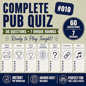Op de afbeelding: Een digitaal pubquizblad getiteld COMPLETE PUB QUIZ #010, met 60 vragen verdeeld over 7 rondes, waaronder Famous Daves, Football, Orange Trivia, General Knowledge, Capital Cities, Connections en Music, inclusief een antwoordblad.