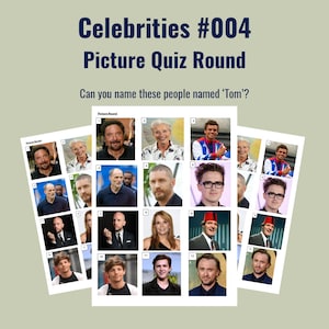 Pode incluir: Uma folha de quiz imprimível intitulada Celebrities #004 Picture Quiz Round com a pergunta Can you name these people named Tom? O documento apresenta uma grade de doze fotografias numeradas de várias celebridades, cada uma identificada por um número.