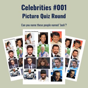 May include: A printable quiz sheet titled Celebrities #001 Picture Quiz Round with the text Can you name these people named Jack? The document features twelve numbered photographs of various celebrities, including Jackie Chan, Hugh Jackman, and Jack Nicholson.