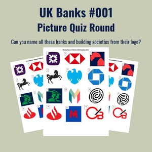 Pode incluir: Uma folha de quiz imprimível intitulada UK Banks #001 Picture Quiz Round, apresentando doze logotipos numerados de bancos e sociedades de crédito imobiliário. A grade exibe vários símbolos corporativos coloridos, incluindo formas geométricas e animais.