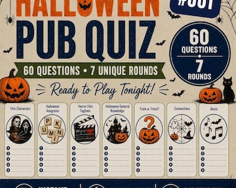Op de afbeelding: Een Halloween Pub Quiz #001 spelblad met 60 vragen verdeeld over 7 rondes. Het ontwerp bevat oranje pompoenen, zwarte katten, vleermuizen en spinnenwebben op een beige achtergrond. Bevat secties voor filmfiguren, anagrammen, horror-taglines en muziek.