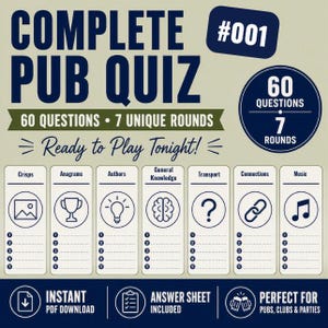Op de afbeelding: Een digitaal pubquiz-spelblad getiteld COMPLETE PUB QUIZ #001 met 60 vragen verdeeld over 7 rondes. Het bevat categorieën zoals Crisps, Anagrams, Authors, General Knowledge, Transport, Connections en Music met iconen en ruimte voor antwoorden.