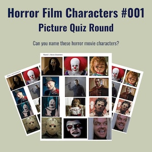 以下が含まれることがあります： Horror Film Characters #001 Picture Quiz Roundというタイトルのクイズシートで、Can you name these horror movie characters?というテキストが記載されています。シートには、ゴーストフェイス、ペニーワイズ、チャッキー、フレディ・クルーガー、マイケル・マイヤーズ、アナベル、レザーフェイス、ジェイソン・ボーヒーズ、ジャック・トランスなど、さまざまなホラー映画のキャラクターの画像がグリッド状に並んでいます。