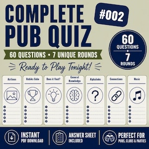 May include: A Complete Pub Quiz #002 digital document featuring 60 questions across 7 unique rounds including Airlines, Rubiks Cube, Does it float?, General Knowledge, Alphalinks, Connections, and Music. Includes an answer sheet and PDF download.