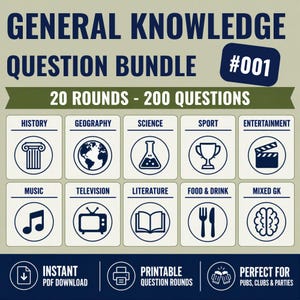 May include: A general knowledge question bundle #001 featuring 20 rounds and 200 questions. The graphic displays ten categories including history, geography, science, sport, entertainment, music, television, literature, food & drink, and mixed GK.