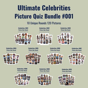 Pode incluir: Um pacote de quiz digital intitulado Ultimate Celebrities Picture Quiz Bundle #001, contendo 10 rodadas únicas e 120 imagens. Cada rodada é rotulada de Celebrities #001 a #010, exibindo grades de retratos de celebridades para identificação.