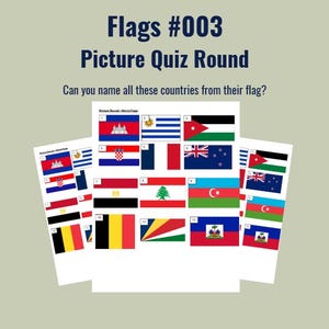 Pode incluir: Uma folha de quiz imprimível intitulada Flags #003 Picture Quiz Round com o texto Can you name all these countries from their flag? O documento exibe doze bandeiras nacionais numeradas, incluindo Camboja, Uruguai, Jordânia, Croácia, França, Nova Zelândia, Egito, Líbano, Azerbaijão, Bélgica, Seychelles e Haiti.