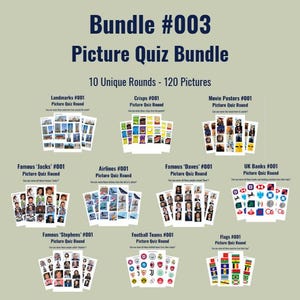 Könnte beinhalten: Ein digitales Bundle #003 Picture Quiz Bundle mit 10 einzigartigen Runden und 120 Bildern. Die Sammlung enthält Sets zu Sehenswürdigkeiten, Chips, Filmplakaten, berühmten Jacks, Fluggesellschaften, berühmten Daves, britischen Banken, berühmten Stephens, Fußballmannschaften und Flaggen.