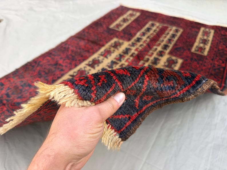 Afghan Baluch Tribal Rug 3x5 Ft, Hand Knotted Red Black Wool Carpet ...