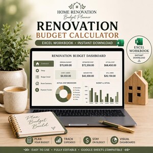 Può includere: Un pianificatore di budget per ristrutturazioni digitale visualizzato sullo schermo di un portatile, con una dashboard che mostra dati finanziari, grafici e diagrammi. Lo schermo include testo come Renovation Budget Dashboard.