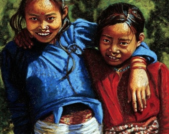 Two Nepalese Girls Fine Art Giclee Print, Kathmandu Valley Girls, Archival Print, Pastel Painting By Jan Maitland, Blue, Red, Figures, 8x10