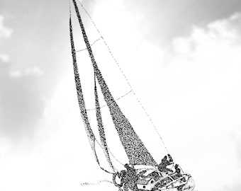 Fine Art Giclee Print, Sailboat, Pen & Ink By Jan Maitland, Black and White Print, Sailing, 5" x 7" Signed Print