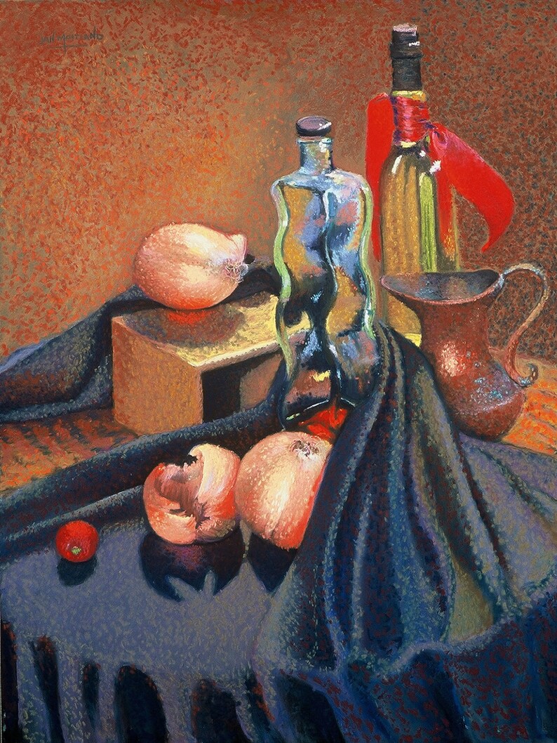 Still Life With Onion Fine Art Print, Giclee Print, Pastel Painting By Jan Maitland, Copper, Bottles image 1