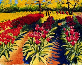 Tulips Fine Art Print, Spring Is Here, Giclee, Pastel Painting By Jan Maitland, Field of Tulips, Red,  Yellow, Flowers, Landscape, 8 X 10