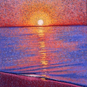 Sunset Fine Art Print, Giclee Print, Coastal Sunset, Pastel Painting By Jan Maitland, Pacific Ocean, Seascape, Orange, Blue, Gold, 8x10