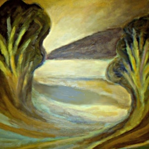 River Fine Art Giclee Print River Valley Landscape Trees River Mountain Stylized Acrylic Painting by Robert Maitland Archival Print 10 X 10
