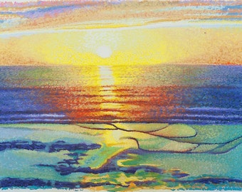 Ocean Sunset Fine Art Giclee Print, Sunset, Pastel Painting By Jan Maitland, Pacific Ocean, Seascape, Gold, Blue, Orange, Peach, Turquoise