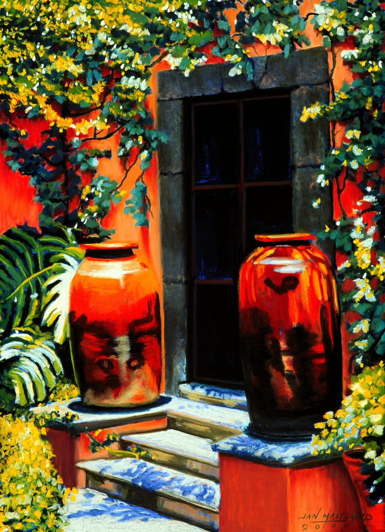 Archival Print Terracotta Planters and Door Fine Art Giclee Print Casa Luna Fern Pastel Painting By Jan Maitland Tropical Mexico