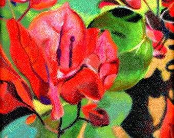 Red Bougainvillaea Fine Art Giclee Print Red Floral Landscape Portrait  of a Red Flower Pastel Painting Archival Print 5" X 7" Floral Image
